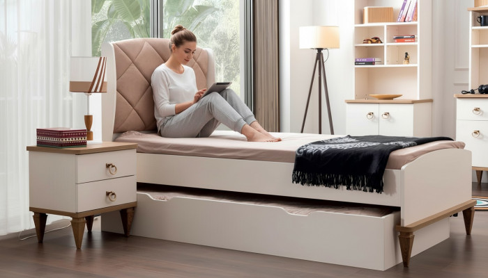 Set de habitación para niños beige cama de niño mesa de noche habitación juvenil diseño moderno nuevo 2 partes.