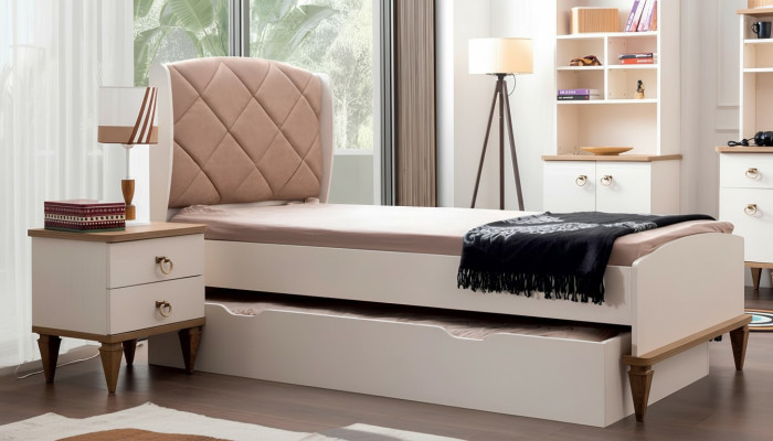 Set de habitación para niños beige cama de niño mesa de noche habitación juvenil diseño moderno nuevo 2 partes.