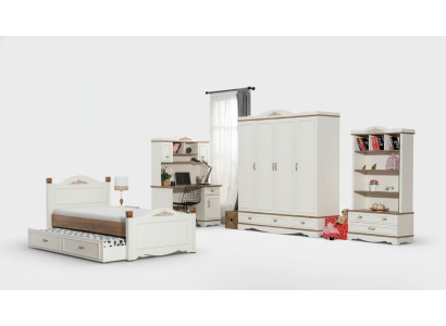 Moderno dormitorio juvenil conjunto cama mesita de noche estantería mesa 5 piezas.