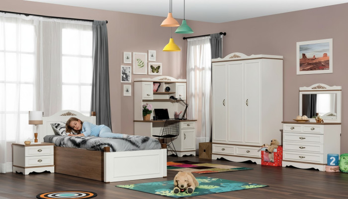 Clásico conjunto de dormitorio infantil juvenil completo de 5 piezas en madera, nuevo.