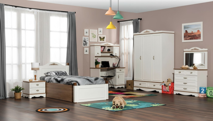 Clásico conjunto de dormitorio infantil juvenil completo de 5 piezas en madera, nuevo.