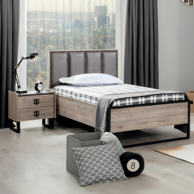 Diseño de loft: cama de dormitorio de madera con cabecero acolchado, nueva estructura de cama.