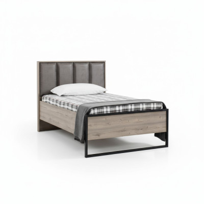 Diseño de loft: cama de dormitorio de madera con cabecero acolchado, nueva estructura de cama.