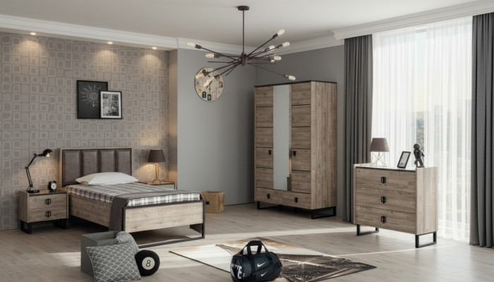 Set de habitación infantil, cama para niños, mesita de noche, armario, cómoda, dormitorio nuevo.