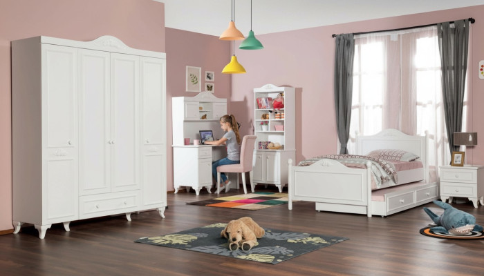 Set de habitación infantil de casa de campo blanco Cama Mesita de noche Escritorio Estante Armario de 5 piezas.