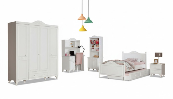 Set de habitación infantil de casa de campo blanco Cama Mesita de noche Escritorio Estante Armario de 5 piezas.