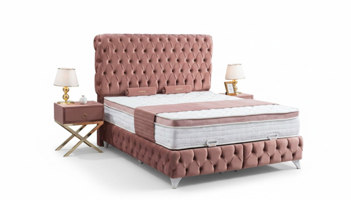 Cama Boxspring Rosa Chesterfield Diseño Elegante de Lujo con 2 Mesitas de Noche 3 Piezas.