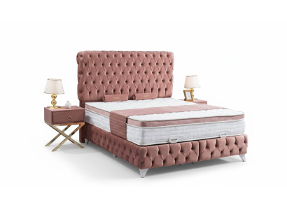 Cama Boxspring Rosa Chesterfield Diseño Elegante de Lujo con 2 Mesitas de Noche 3 Piezas.