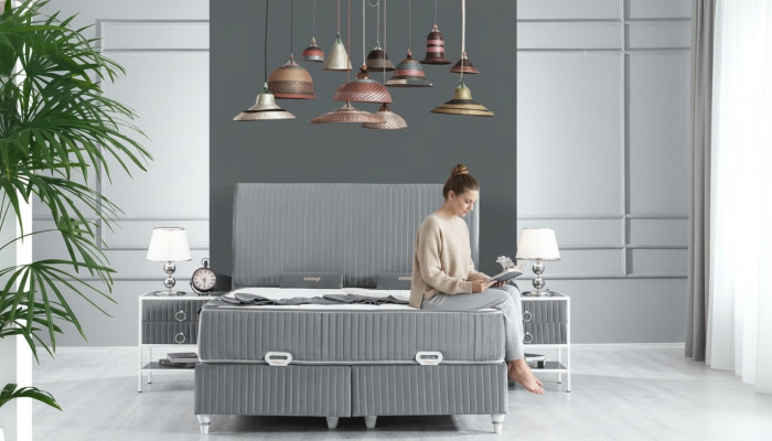 Juego de dormitorio gris de metal cama diseño boxspring 2 mesitas de noche nuevas 3 piezas.