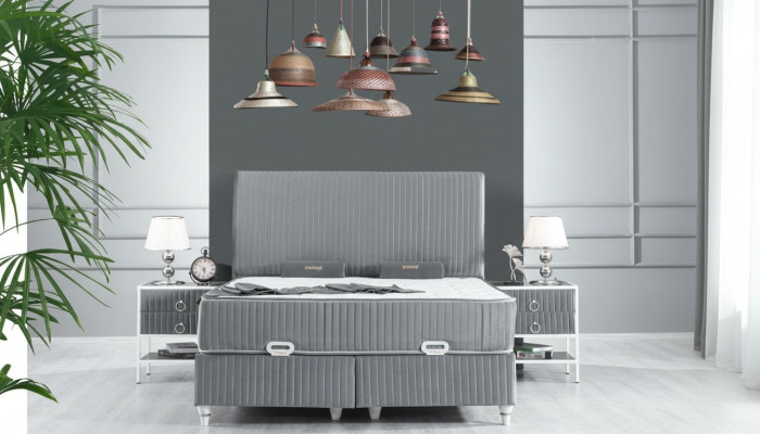 Juego de dormitorio gris de metal cama diseño boxspring 2 mesitas de noche nuevas 3 piezas.