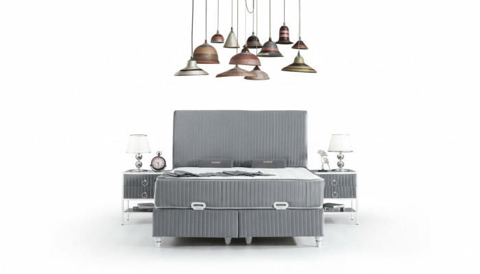 Juego de dormitorio gris de metal cama diseño boxspring 2 mesitas de noche nuevas 3 piezas.