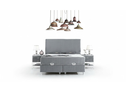 Juego de dormitorio gris de metal cama diseño boxspring 2 mesitas de noche nuevas 3 piezas.
