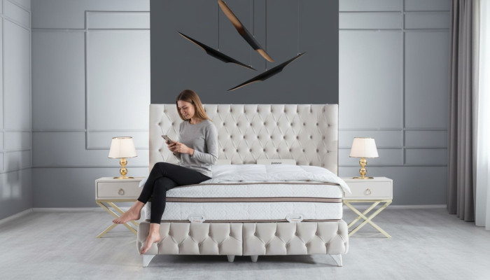 Set de dormitorio blanco Cama boxspring Chesterfield Elegante 2 mesitas de noche 3 piezas.