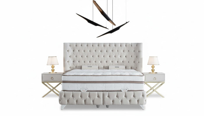 Set de dormitorio blanco Cama boxspring Chesterfield Elegante 2 mesitas de noche 3 piezas.