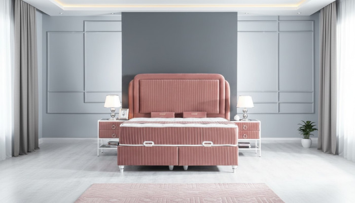 Juego de dormitorio rosa con cama de metal estilo 2 mesitas de noche modernas nuevas de 3 piezas.