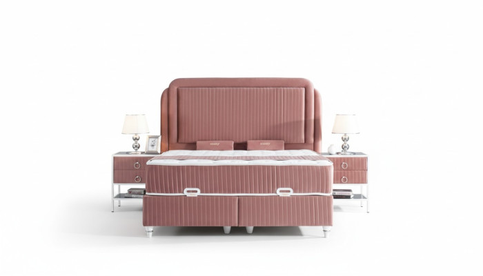 Juego de dormitorio rosa con cama de metal estilo 2 mesitas de noche modernas nuevas de 3 piezas.
