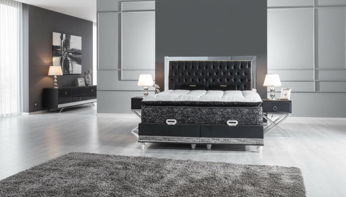 Juego de dormitorio negro cama de metal 2 mesillas de noche de lujo nuevo 3 piezas.
