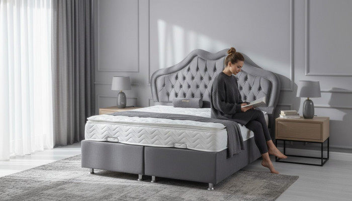 Cama gris cama doble cama estilo caja tela chesterfield 160x200