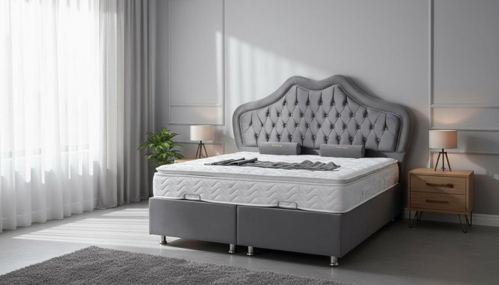 Cama gris cama doble cama estilo caja tela chesterfield 160x200