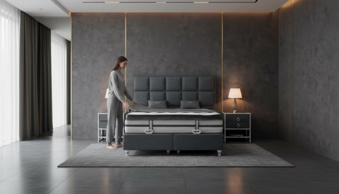 Conjunto de dormitorio gris Cama Diseño Moderno Lujo 2x Mesitas de Noche 3 piezas