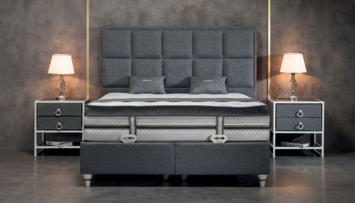 Conjunto de dormitorio gris Cama Diseño Moderno Lujo 2x Mesitas de Noche 3 piezas