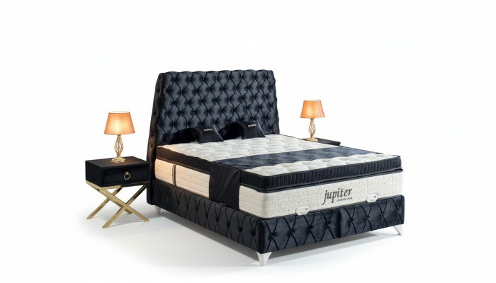 Juego de dormitorio Negro Cama Mesita de noche Chesterfield Muebles de cama de terciopelo de 3 piezas.