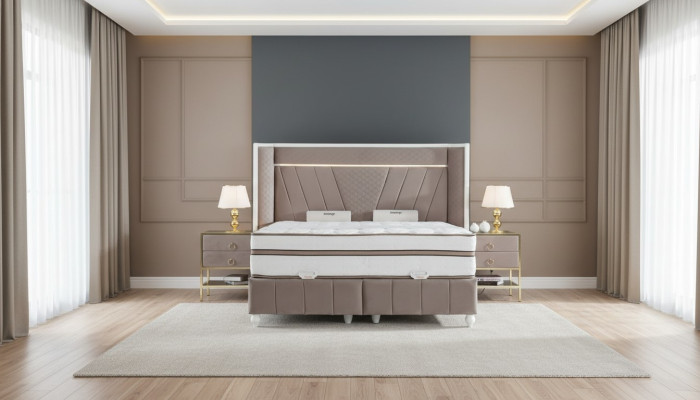 Juego de dormitorio de lujo Beige Cama 2x Mesita de noche Muebles de cama Led 3 piezas