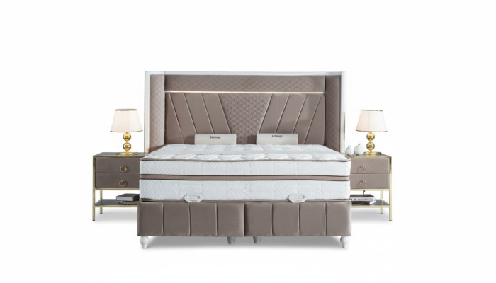 Juego de dormitorio de lujo Beige Cama 2x Mesita de noche Muebles de cama Led 3 piezas