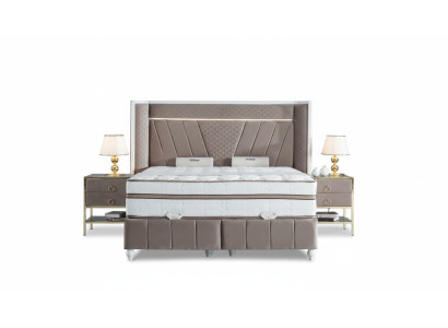 Juego de dormitorio de lujo Beige Cama 2x Mesita de noche Muebles de cama Led 3 piezas