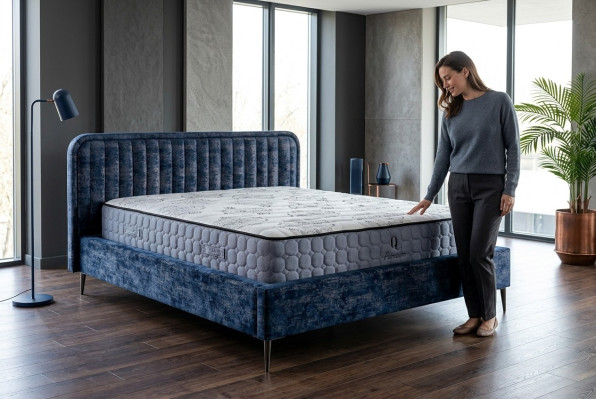 Cama azul Cama doble Dormitorio Madera Muebles Diseño Elegante Tela de tapicería Nueva