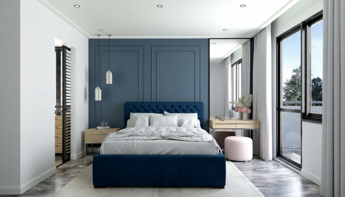 Cama azul de diseño moderno con tela acolchada cama doble de madera elegante nueva