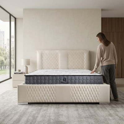 Cama beige Cama doble moderna de lujo Tela acolchada Dormitorio moderno Nuevo
