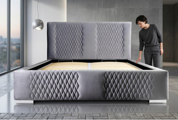 Cama gris Cama doble moderna Cama elegante Tapizada Tela Dormitorio moderno Nuevo