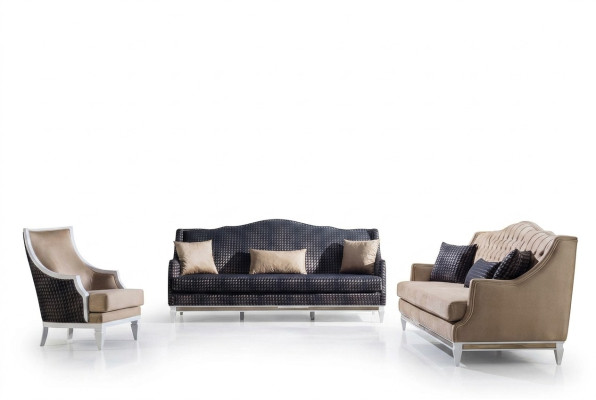 Moderno juego de sala, tapicería, sofá de tres plazas y sillón de diseñador de 3 piezas.