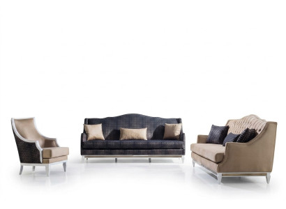 Moderno juego de sala, tapicería, sofá de tres plazas y sillón de diseñador de 3 piezas.