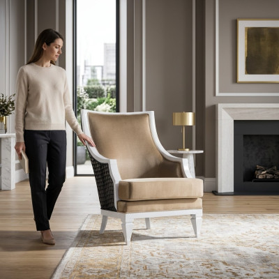 Sillón de brazos beige claro, individual, con estructura de madera.