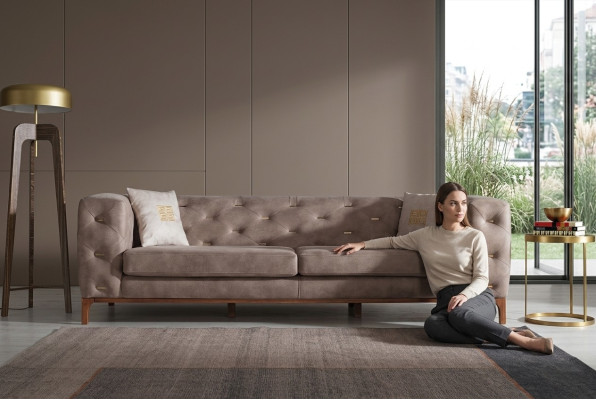 Sofá sofá 3 asientos acolchado sofá de sala de estar Muebles de diseño taupe de lujo