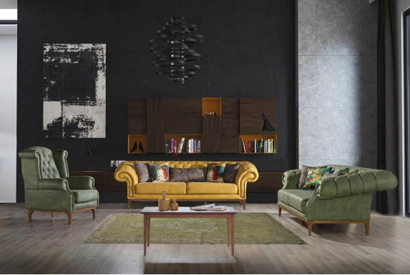 Sofá tapizado verde-amarillo conjunto de diseñador de tres plazas más butaca de lujo, 3+3+1 set.