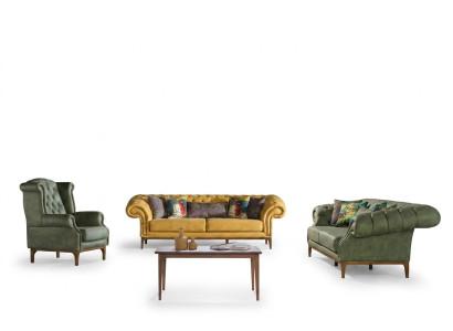 Sofá tapizado verde-amarillo conjunto de diseñador de tres plazas más butaca de lujo, 3+3+1 set.