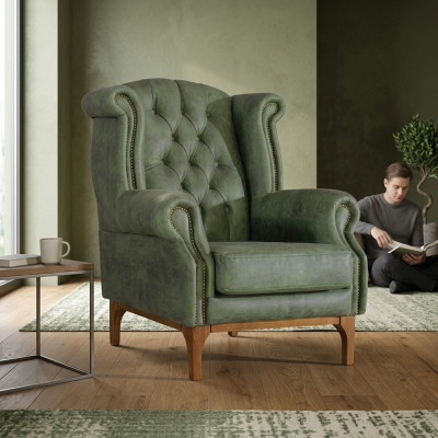 Silla de lujo Chesterfield verde, sillón tapizado de diseño con apoyabrazos.