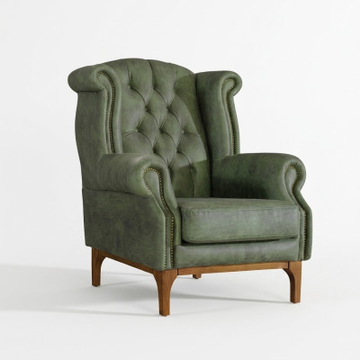 Silla de lujo Chesterfield verde, sillón tapizado de diseño con apoyabrazos.