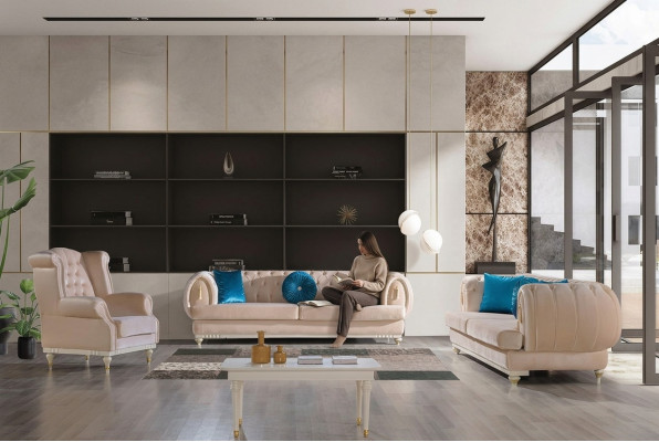 Conjunto de sofás beige de lujo de 3+2+1 plazas en estilo elegante.