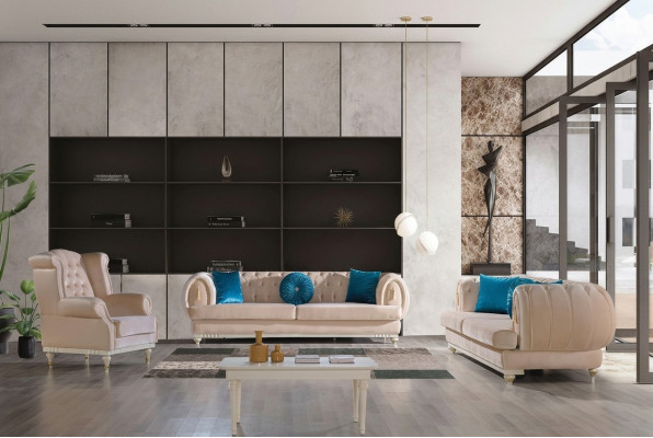 Conjunto de sofás beige de lujo de 3+2+1 plazas en estilo elegante.