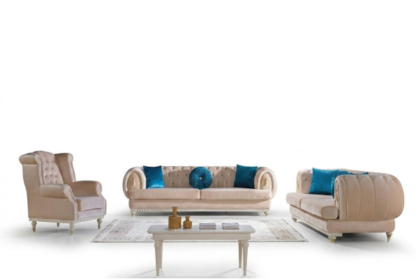 Conjunto de sofás beige de lujo de 3+2+1 plazas en estilo elegante.