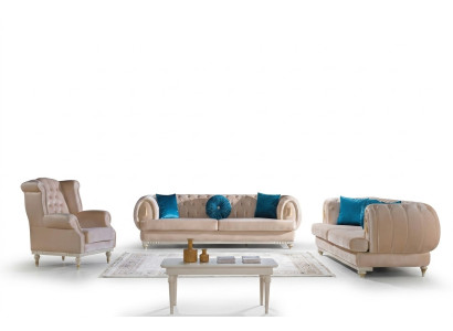 Conjunto de sofás beige de lujo de 3+2+1 plazas en estilo elegante.