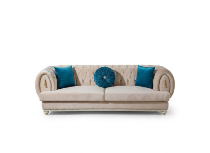 Sofá Chesterfield beige tapizado, diseñado por un diseñador, tres plazas, sofás de tela.