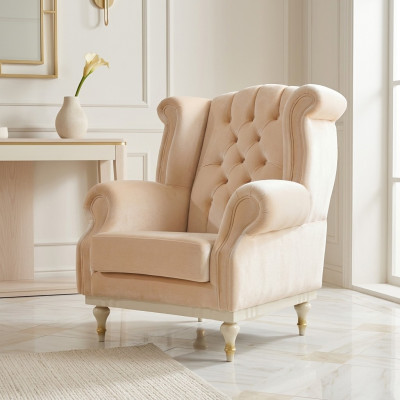 Sillón blanco retro Chesterfield de una plaza para sala de estar.