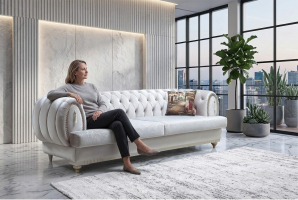 Sofá Chesterfield blanco de tres plazas en un estilo moderno y elegante para la sala de estar.