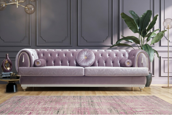 Lila Chesterfield de tres plazas, diseñado por un diseñador, sofá tapizado con marco de madera.