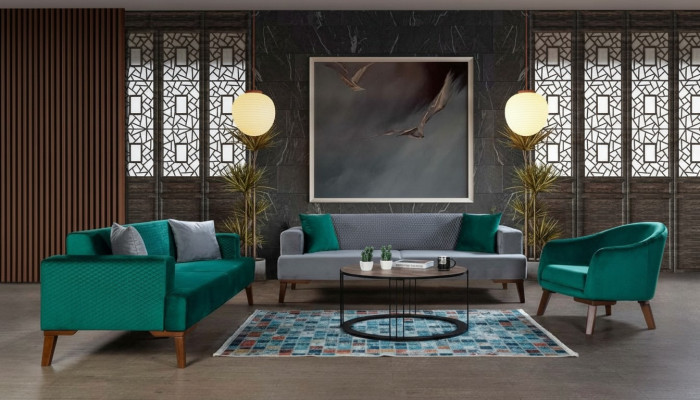 Conjunto de sofás 3+3+1 plazas, diseño de salón en gris turquesa verde.